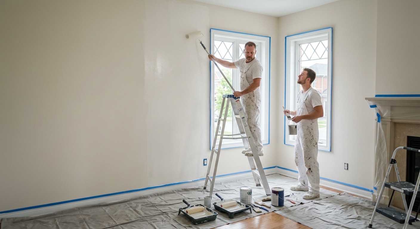 Two Vanilla Painters crew members painting a bright living room